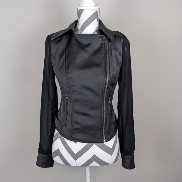 Guess Black Jacket Sheer Sleeve Satin Look Cropped Moto Extra Small XS Y2K - Picture 6 of 15